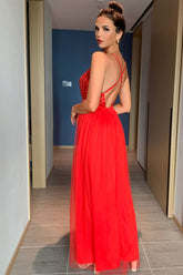 Robe longue de soirée à paillettes scintillantes, décolleté plongeant en V, dos nu et fente haute - Rouge